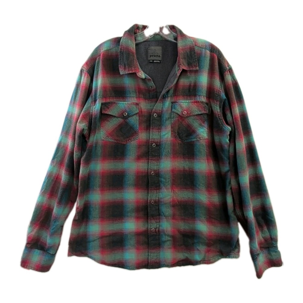 Prana Thermal Lined Flannel Shirt Mens L Red Blue Plaid Snap Front Outdoor
